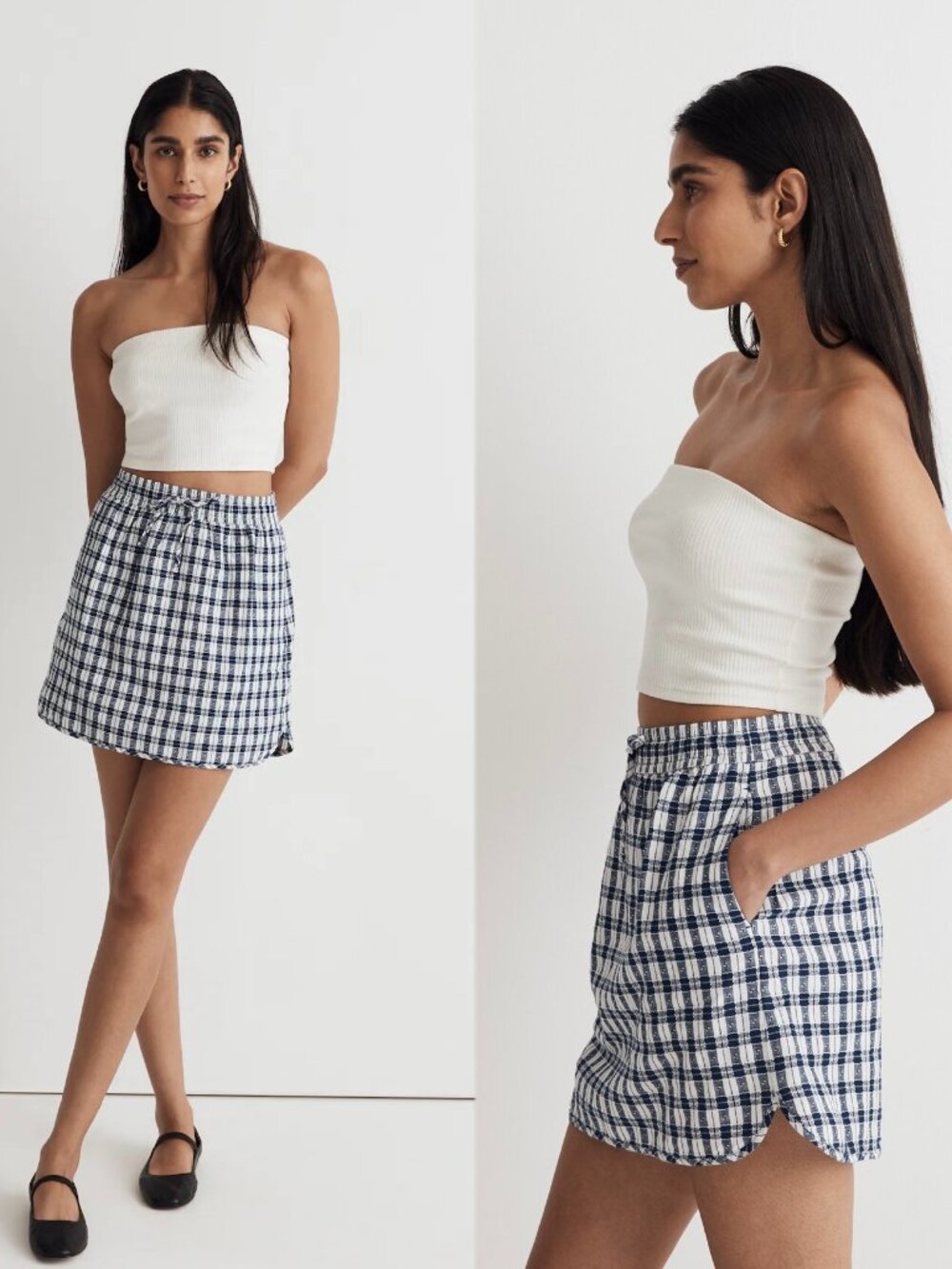 Madewell Navy White Gingham Check Curved Hem Mini Skirt